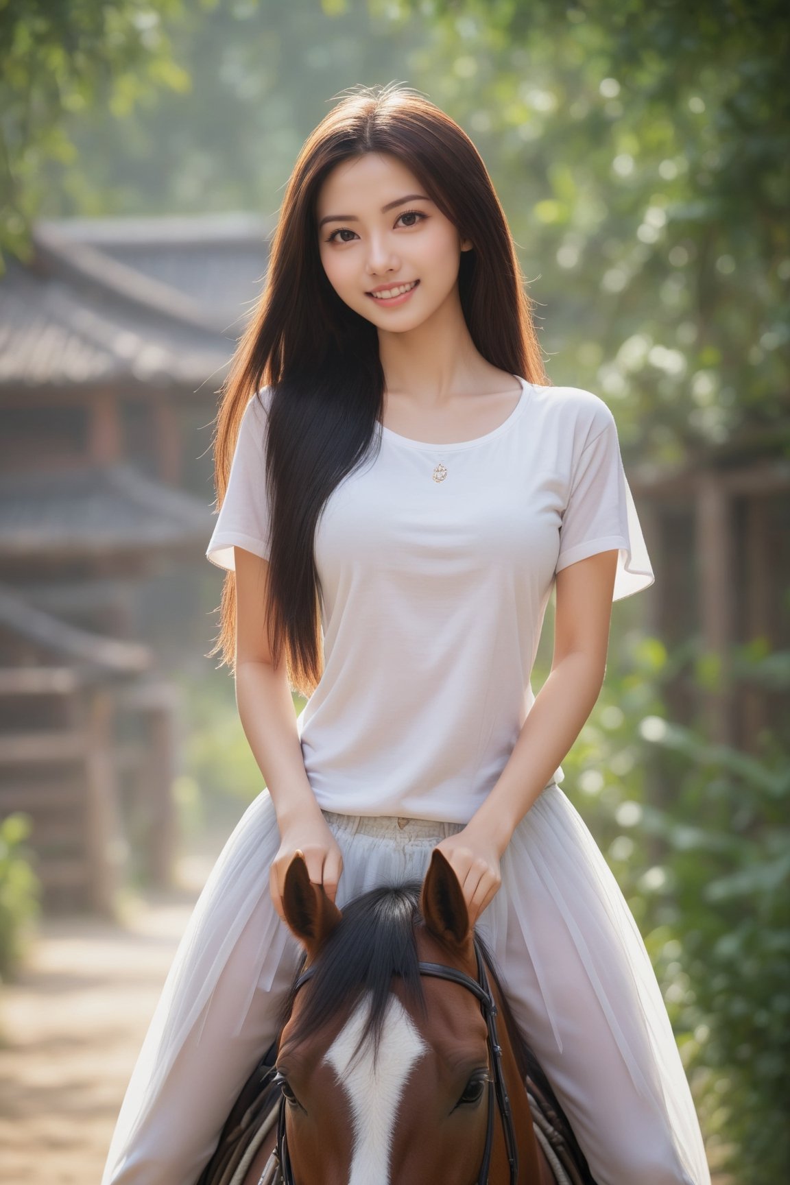 1 woman, on a horse, chinese_clothes, tulle t-shirt, long riding breeches , 18 years old,  beautiful face, huge breasts, long straight hair,  smile, looking at the viewer,  (photorealistic, raw photo),Wonder of Beauty,girl銆�,photo r3al