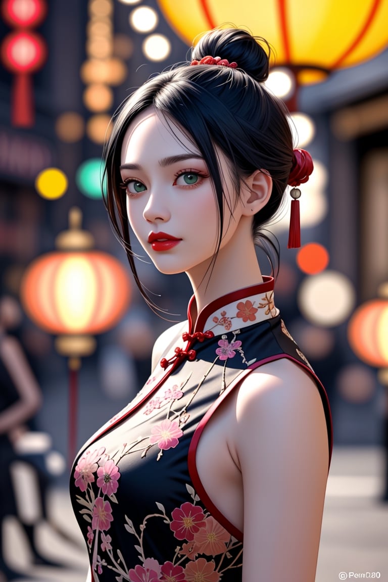 Generate hyper realistic image of a striking image of a woman in a traditional Chinese qipao, featuring intricate embroidery. Her sleek, onyx-black hair is styled in a classic bun, complemented by almond-shaped green eyes and plum-red lips, against a backdrop of a traditional Chinese lantern-lit street..highly detailed, sharp focus.8k,photography style,upper body shot
,<lora:659111690174031528:1.0>