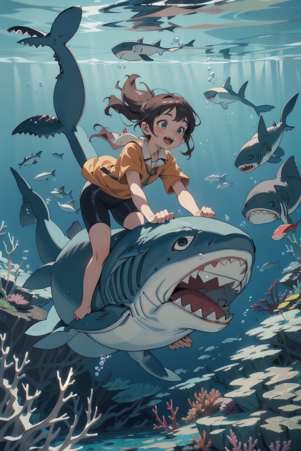 1girl, masterpiece, best quality, ((Girl Riding a giant Wild Shark underwater)), underwater, happy,