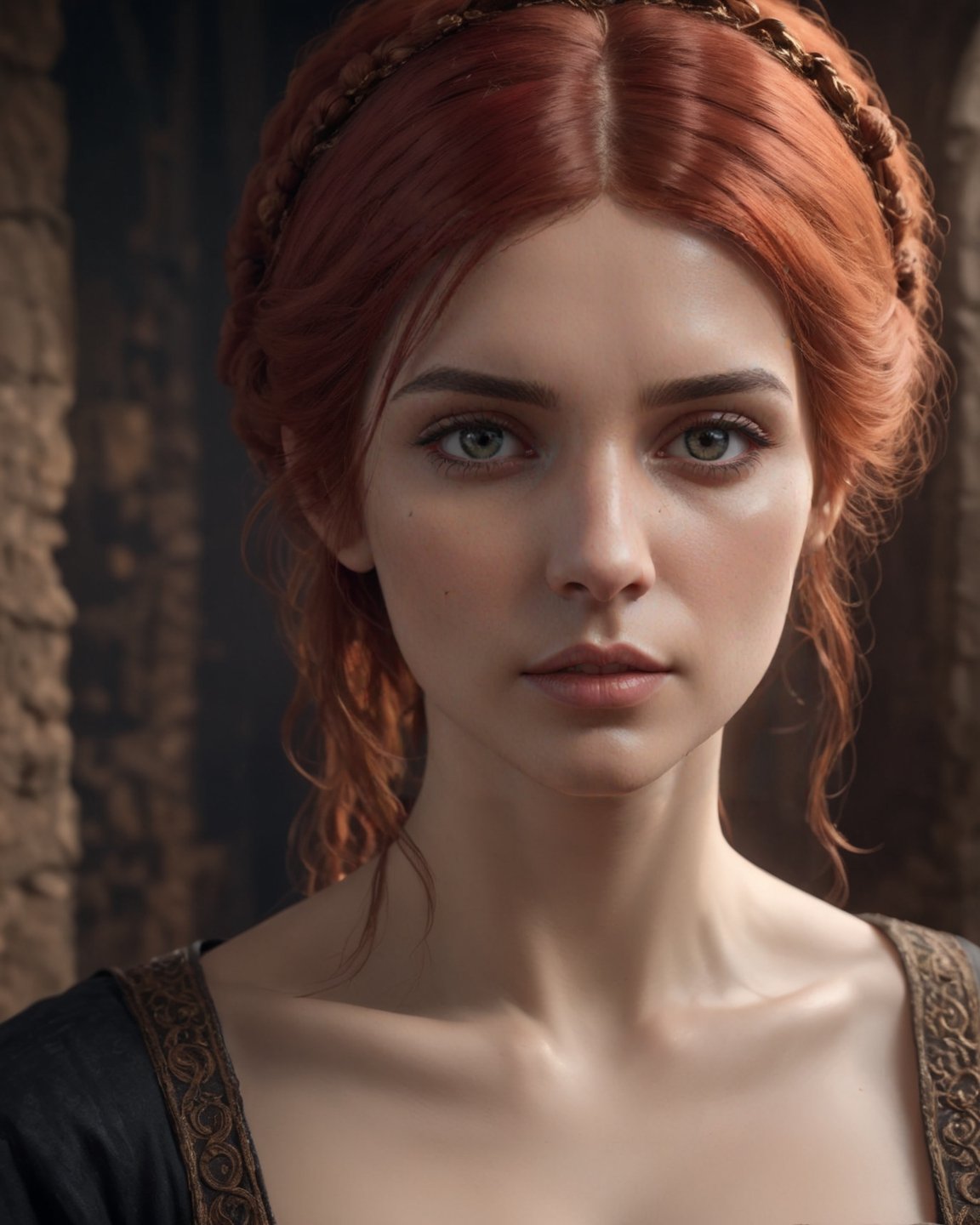 Insidious portrait of a woman in a black dress, unreal engine fantasy art, lovely bohemian princess, hyperrealistic aesthetic, very detailed medieval, zenobia, depicted as a 3 d render, inspired by Edward Robert Hughes, very beautiful woman with red hair, realistic proportions sfw, waifu, aesthetic, from witcher (2021), Hyperrealistic, splash art, concept art, mid shot, intricately detailed, color depth, dramatic, 2/3 face angle, side light, colorful background