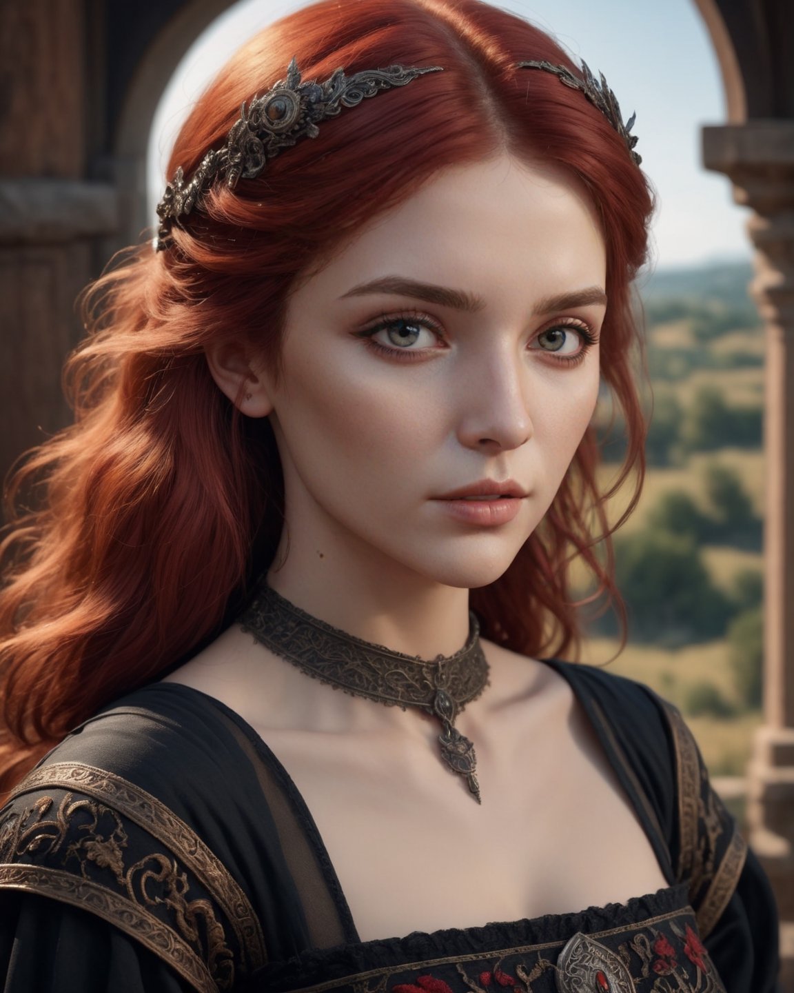 Insidious portrait of a woman in a black dress, unreal engine fantasy art, lovely bohemian princess, hyperrealistic aesthetic, very detailed medieval, zenobia, depicted as a 3 d render, inspired by Edward Robert Hughes, very beautiful woman with red hair, realistic proportions sfw, waifu, aesthetic, from witcher (2021), Hyperrealistic, splash art, concept art, mid shot, intricately detailed, color depth, dramatic, 2/3 face angle, side light, colorful background