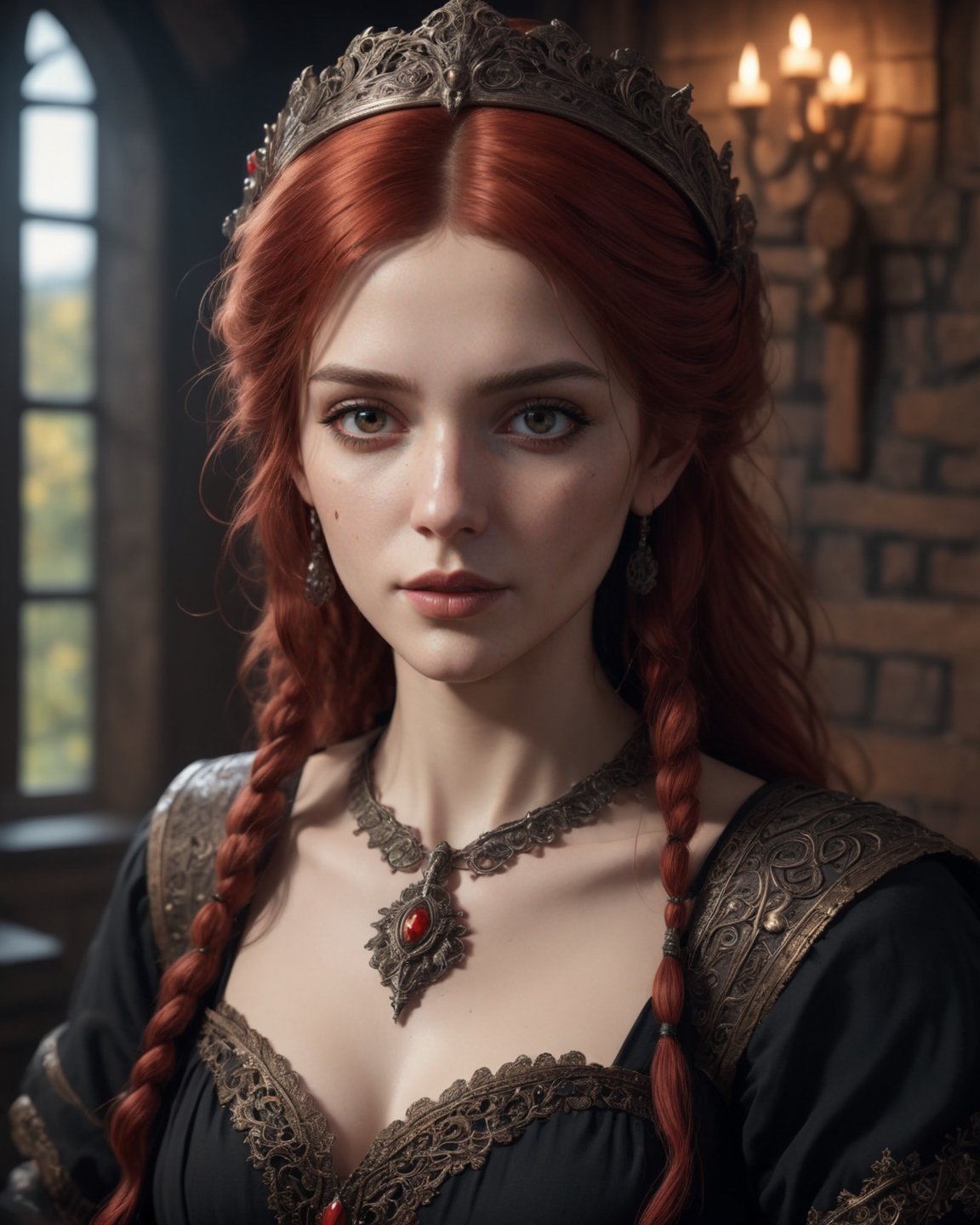 Insidious portrait of a woman in a black dress, unreal engine fantasy art, lovely bohemian princess, hyperrealistic aesthetic, very detailed medieval, zenobia, depicted as a 3 d render, inspired by Edward Robert Hughes, very beautiful woman with red hair, realistic proportions sfw, waifu, aesthetic, from witcher (2021), Hyperrealistic, splash art, concept art, mid shot, intricately detailed, color depth, dramatic, 2/3 face angle, side light, colorful background