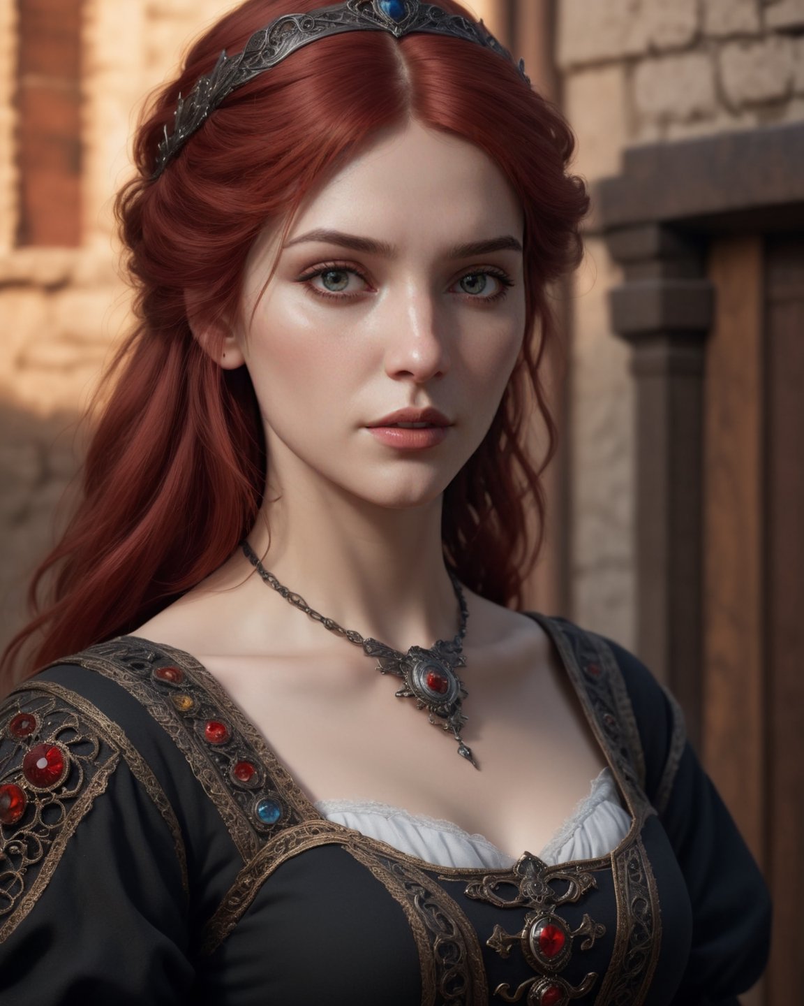 Insidious portrait of a woman in a black dress, unreal engine fantasy art, lovely bohemian princess, hyperrealistic aesthetic, very detailed medieval, zenobia, depicted as a 3 d render, inspired by Edward Robert Hughes, very beautiful woman with red hair, realistic proportions sfw, waifu, aesthetic, from witcher (2021), Hyperrealistic, splash art, concept art, mid shot, intricately detailed, color depth, dramatic, 2/3 face angle, side light, colorful background