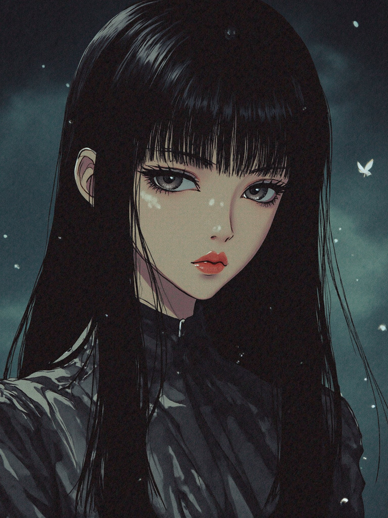 A strikingly elegant anime female with jet-black straight hair styled in razor-sharp bangs. She exudes a sophisticated aur...