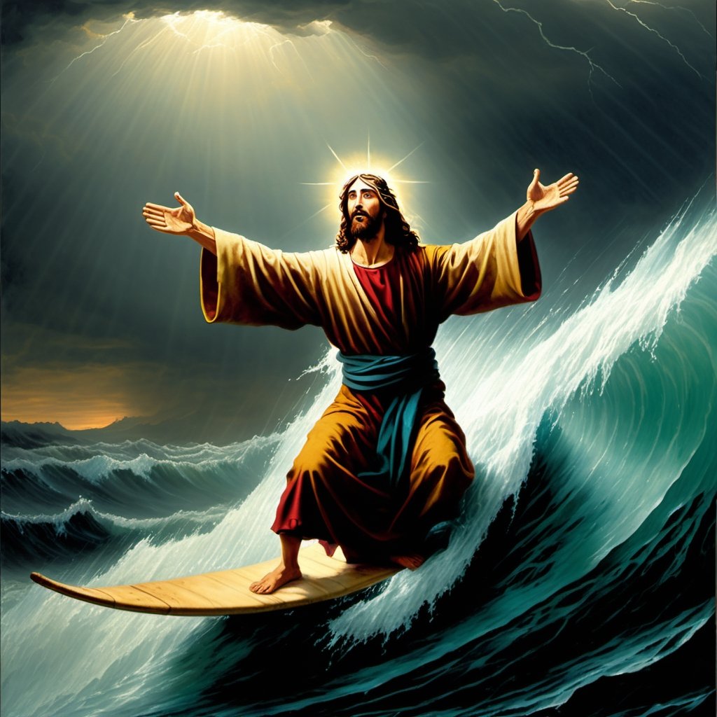  Jesus surfing on the surface of water in a storm and inviting the audience of the picture to join Him by stretching His right hand to the front