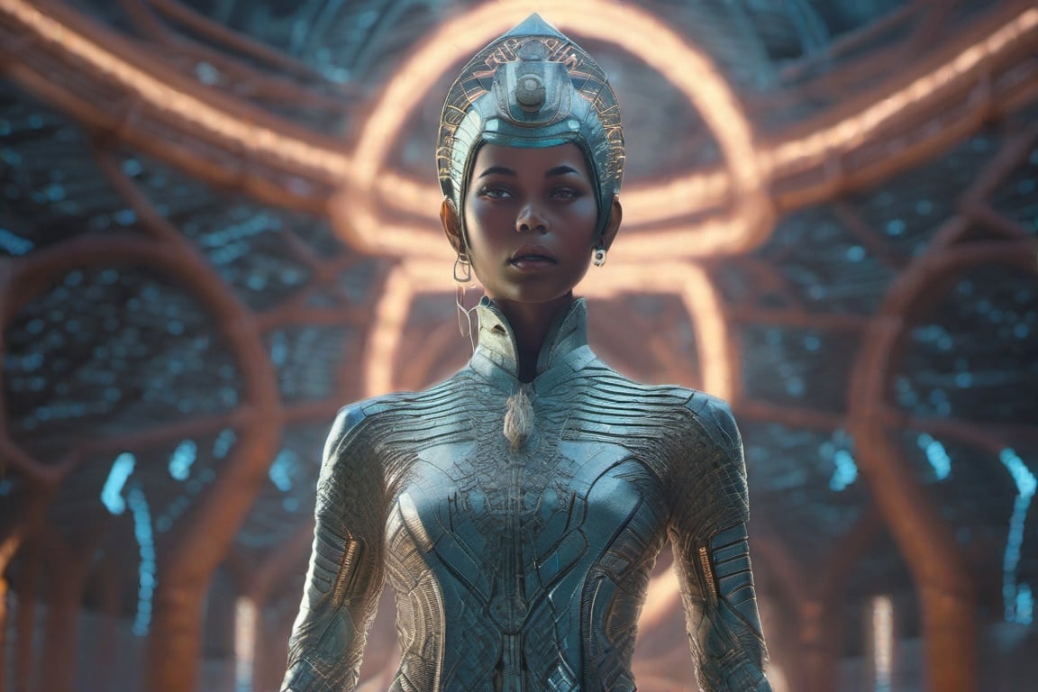 Photorealistic cyber monk girl in translucent neural habit engraved with alien scripture,  standing full body as glowing e...
