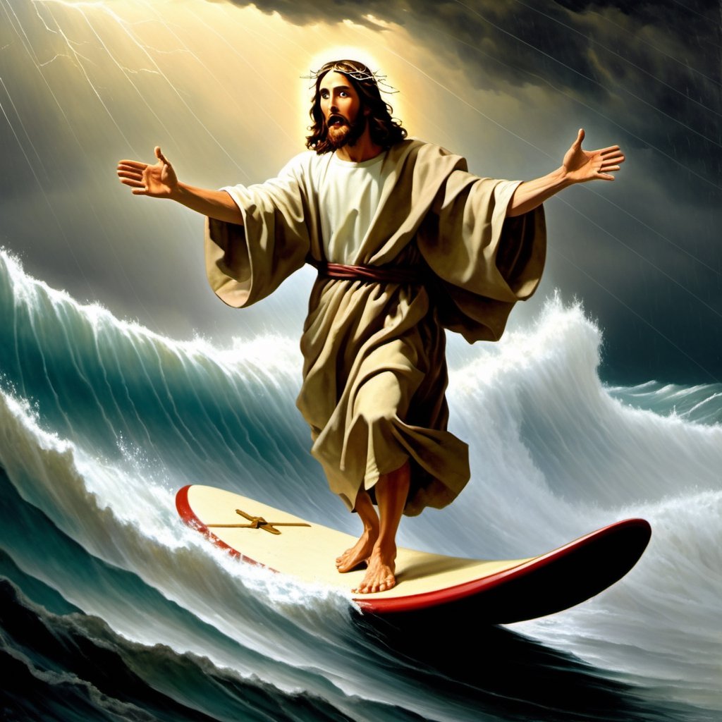 Jesus surfing on the surface of water in a storm and inviting the audience of the picture to join Him by stretching His ri...