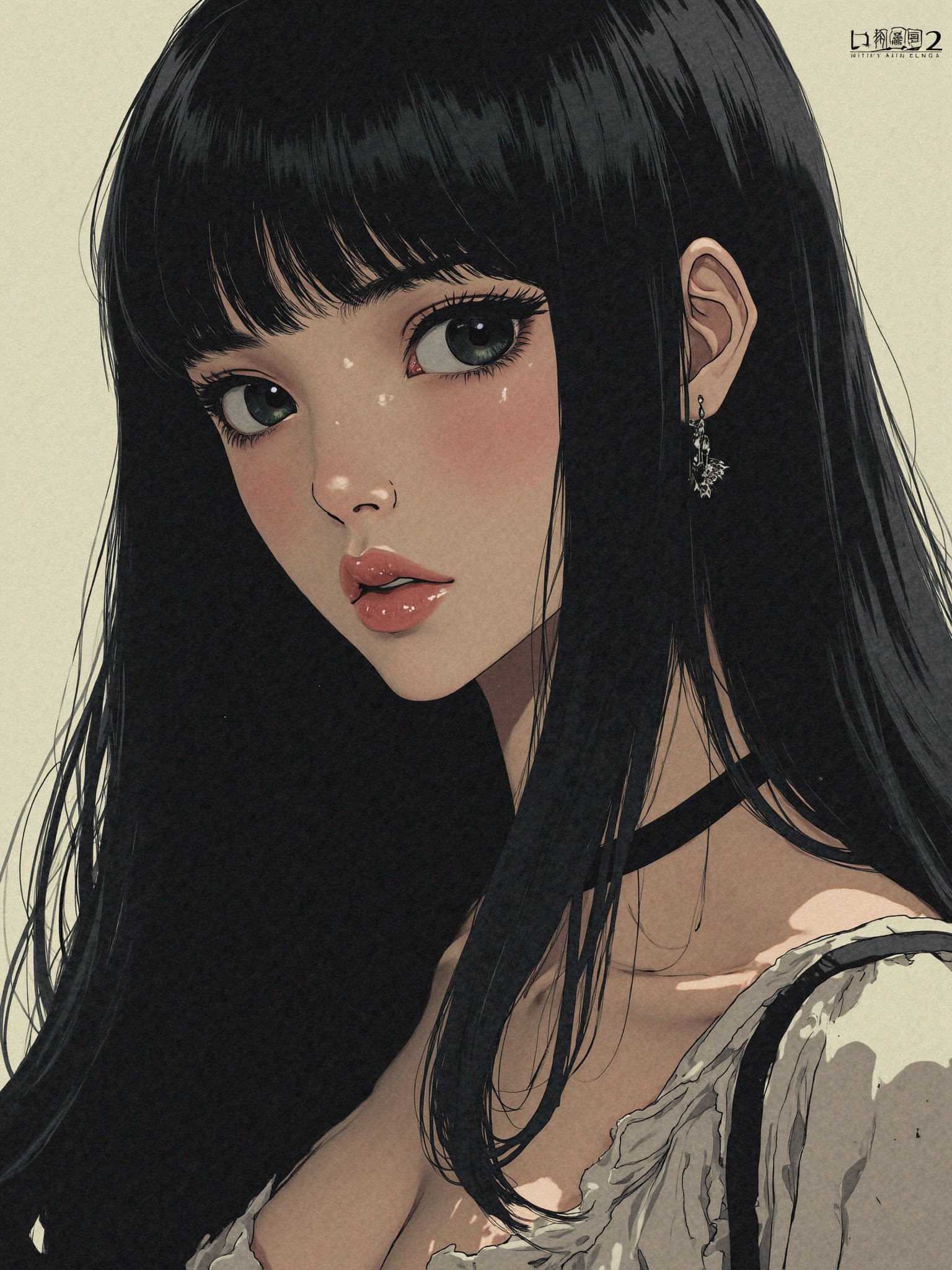 A strikingly elegant anime female with jet-black straight hair styled in razor-sharp bangs. She exudes a sophisticated aur...