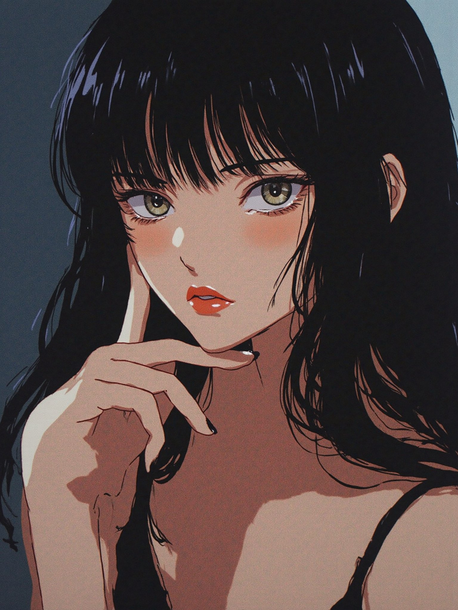 A strikingly elegant anime female with jet-black straight hair styled in razor-sharp bangs. She exudes a sophisticated aur...