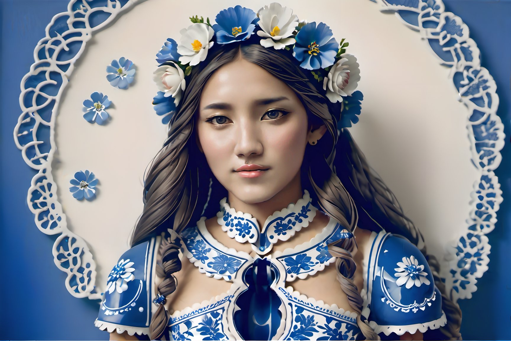 Upple portrait of a woman in a Delft's blue dress and a flower crown, young beautiful hippie girl, intrincate clothing, gemma chen, singer, wearing festive clothing, shipibo, white woman, 1 4. modern attire, mid length portrait photograph, a beautiful teen-aged girl