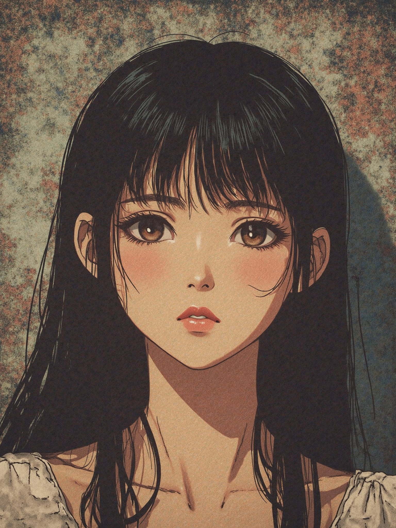 A straight-haired anime female with razor-sharp bangs,  set against a textured backdrop,  gazes directly into the lens wit...