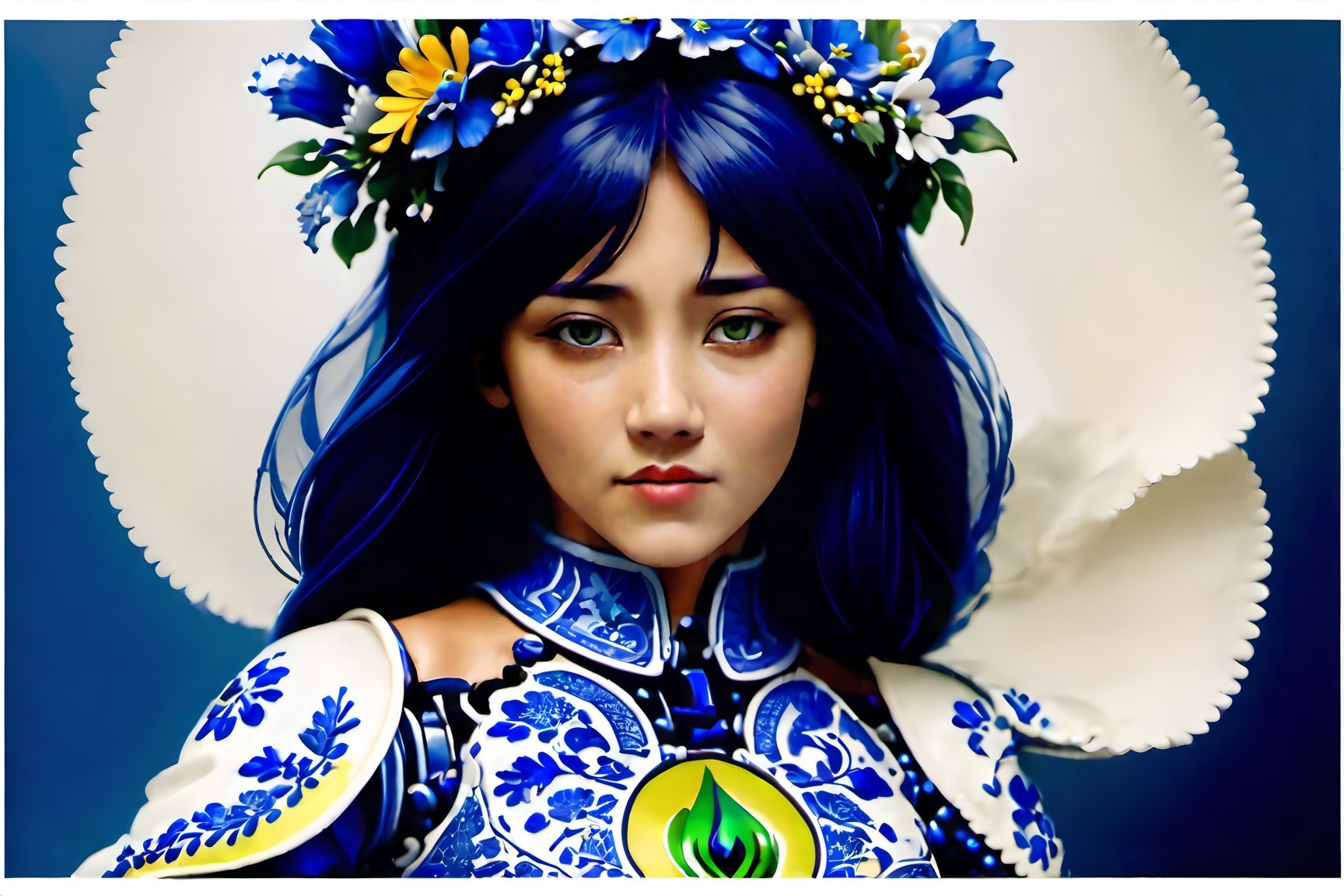 Upple portrait of a woman in a Delft's blue dress and a flower crown, young beautiful hippie girl, intrincate clothing, gemma chen, singer, wearing festive clothing, shipibo, white woman, 1 4. modern attire, mid length portrait photograph, a beautiful teen-aged girl