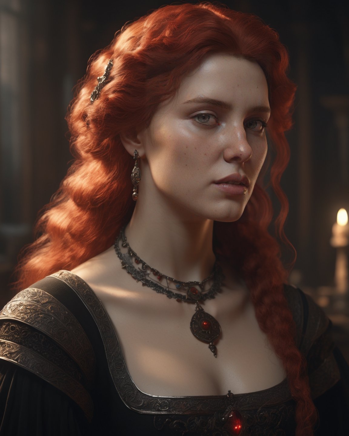 Insidious portrait of a woman in a black dress, unreal engine fantasy art, lovely bohemian princess, hyperrealistic aesthetic, very detailed medieval, zenobia, depicted as a 3 d render, inspired by Edward Robert Hughes, very beautiful woman with red hair, realistic proportions sfw, waifu, aesthetic, from witcher (2021), Hyperrealistic, splash art, concept art, mid shot, intricately detailed, color depth, dramatic, 2/3 face angle, side light, colorful background