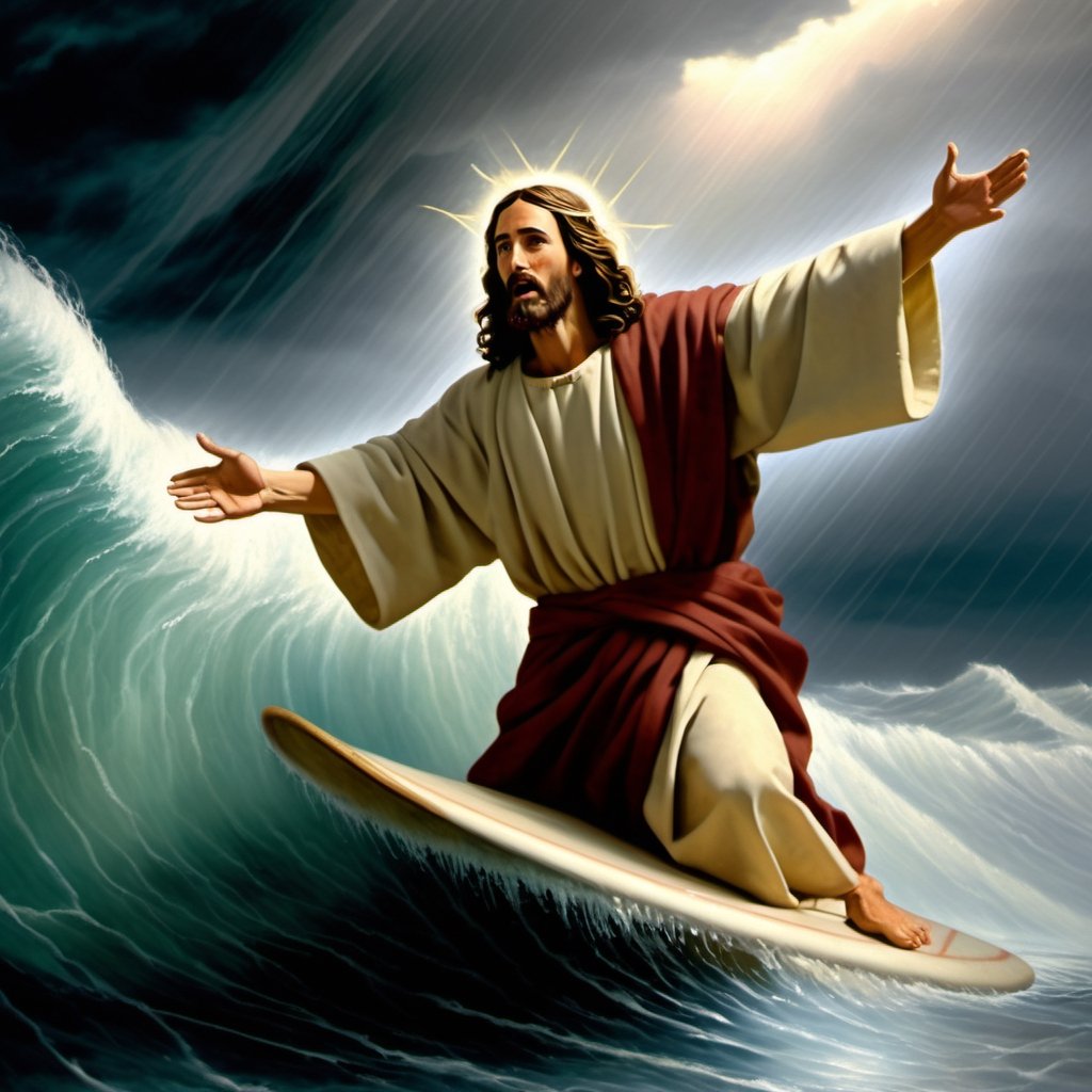  Jesus surfing on the surface of water in a storm and inviting the audience of the picture to join Him by stretching His right hand to the front