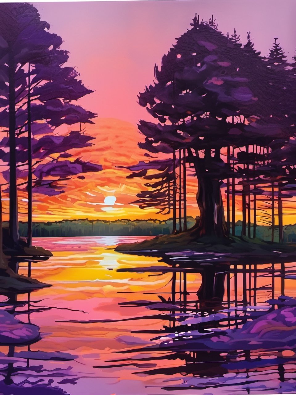 painting of a sunset over a lake with trees and a lake, trending on artstration, at purple sunset, an ai generated image, detailed anime artwork, floral splash painting, very reflective, superflat art, andrew tate, 64 bit realistic painting, artgram, artstatiom, painting of a forest
