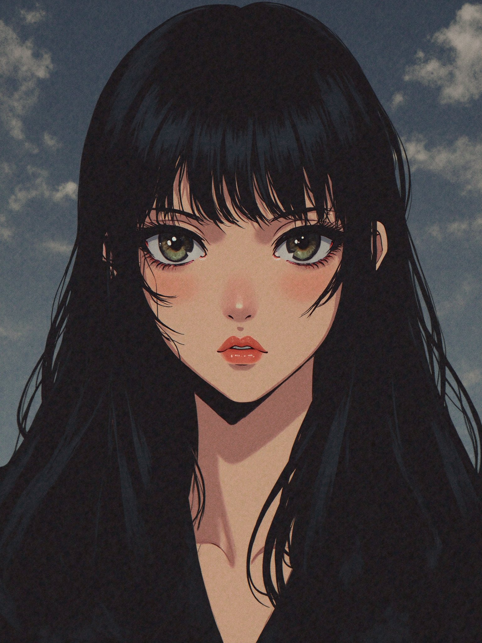 A strikingly elegant anime female with jet-black straight hair styled in razor-sharp bangs. She exudes a sophisticated aur...