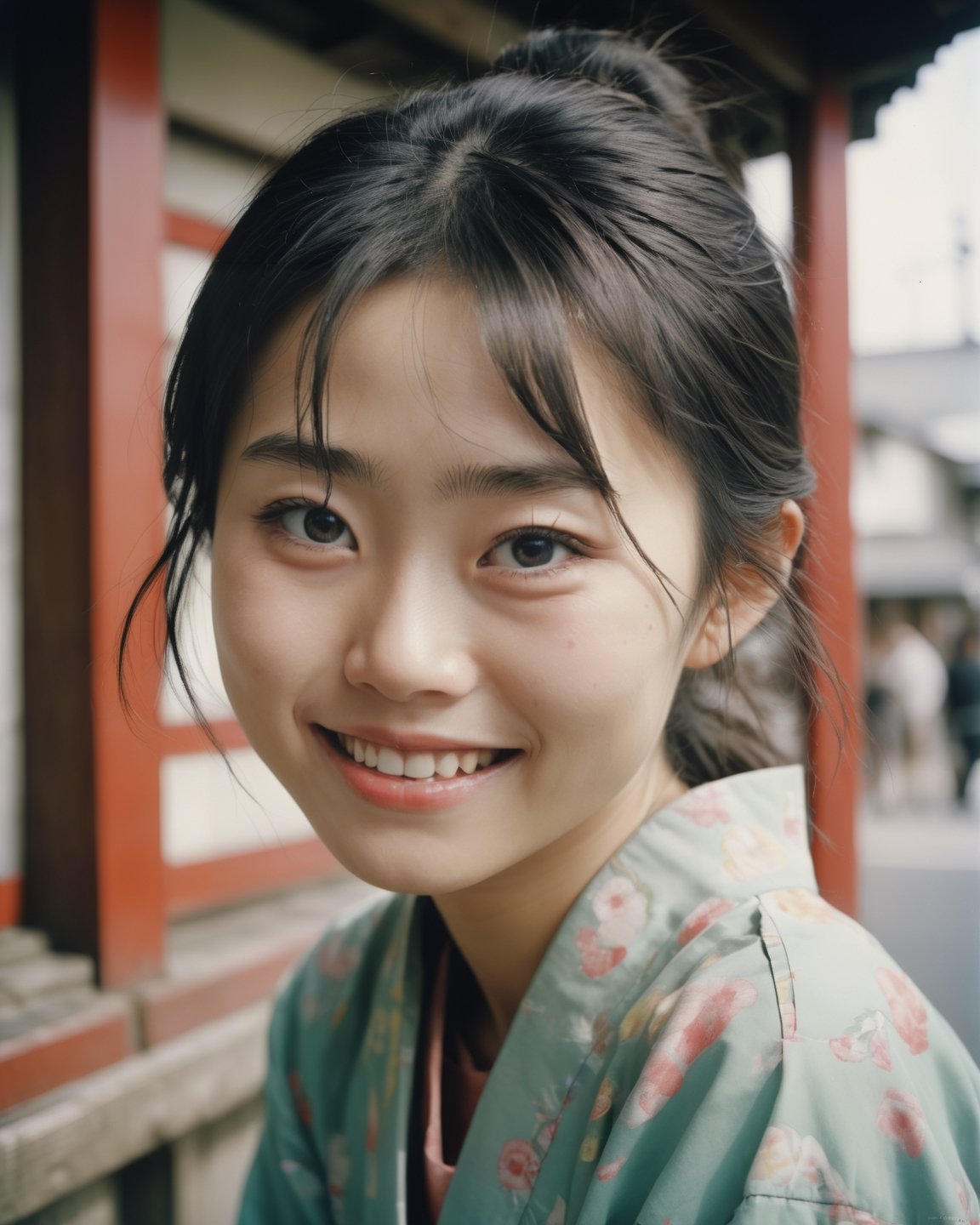 Portrait of happy japanese girl hyperrealistic surrealism Technicolor 8k  photorealistic photography Nikon on film Kodak Tri-X Pan 800 iso drawn in Style of Enki tBilal,LinkGirl,photo r3al