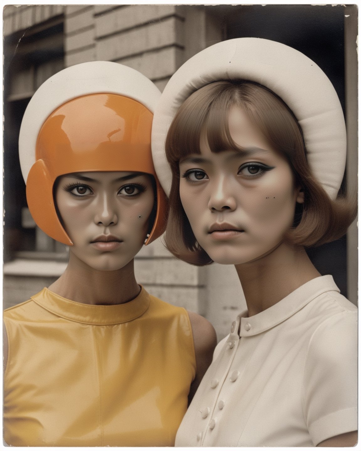 Close-up portrait of two Beautiful models wearing summer clothes collection by Courrèges in 60’s style, soft focus photography, UHD, high resolution, architectural street dynamic ,rich, vivid contrast, depth of field, black tones, crisp, shot on 100mm, f/ 2. O, natural lighting, realistic, impressive, 8k, Photography By Guy Bourdin