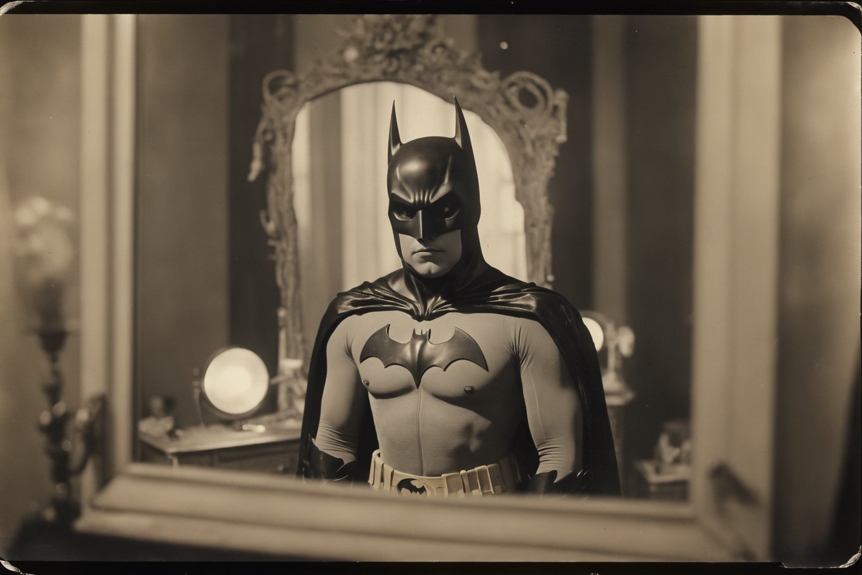 film still of [batman.fantasy], looking in the mirror, 70mm film, tritone color grading, deep focus, set in 1934