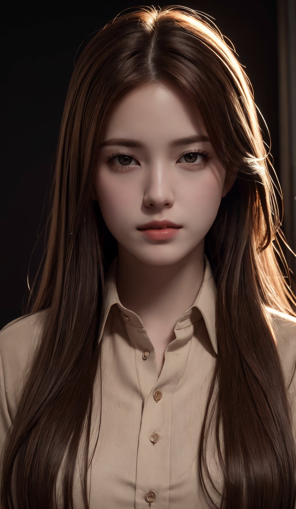 photorealistic, masterpiece, best quality, raw photo, 1girl, medium breasts, long hair, brown hair, collared shirt, looking at viewer, dynamic lighting, in the dark, deep shadow, low key, intricate detail, detailed skin, pore, highres, hdr