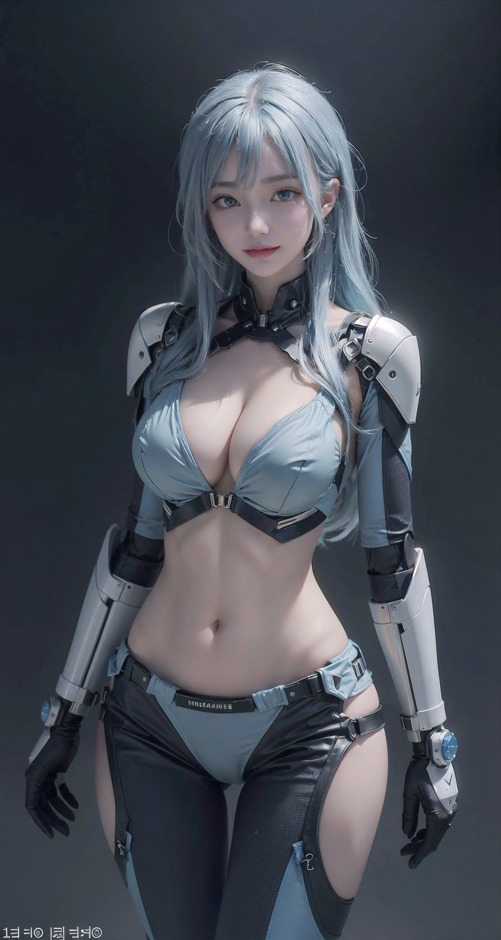 (masterpiece), science fiction, landscapes, 1 girl,(( long lightblue hair)), illuminated hair, bangs, light blue eyes, mechanical suit, tight suit, large breasts, firm breasts neckline to the navel, bare breasts, shoulders nudes,  ((bare hips)), no pants, smile, very attractive captivating pose, (collarbone, firm butt, marked butt), Korean, ((full_body))