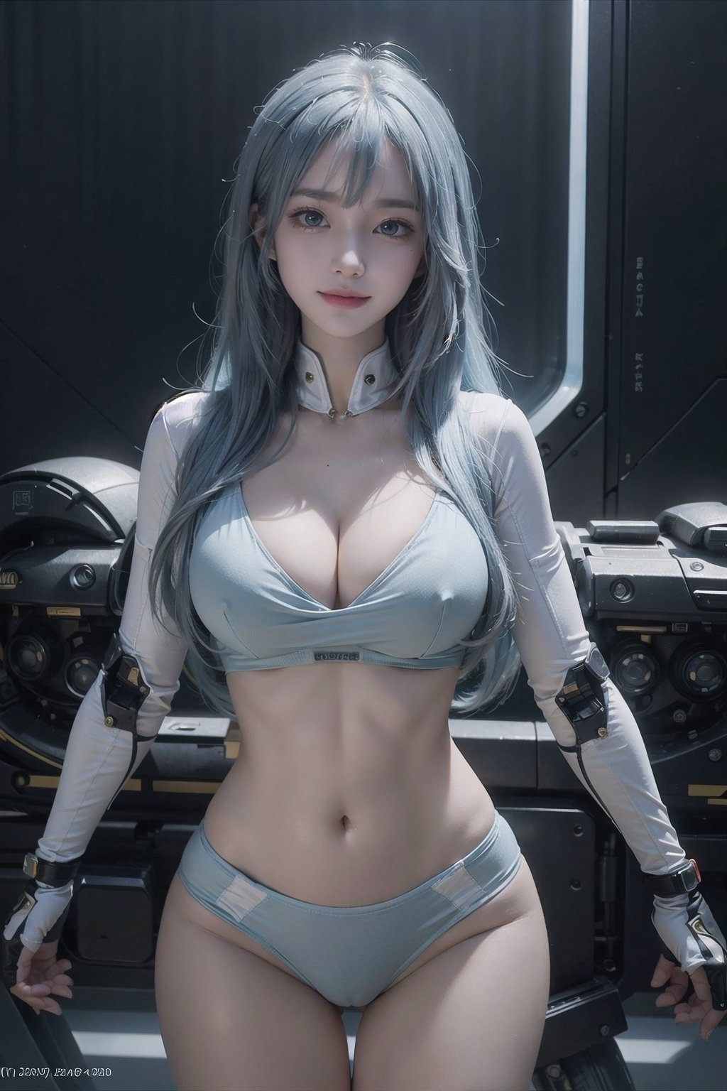 (masterpiece), science fiction, landscapes, 1 girl,(( long lightblue hair)), illuminated hair, bangs, light blue eyes, mechanical suit, tight suit, large breasts, firm breasts neckline to the navel, bare breasts, shoulders nudes,  ((bare hips)), no pants, smile, very attractive captivating pose, (collarbone, firm butt, marked butt), Korean