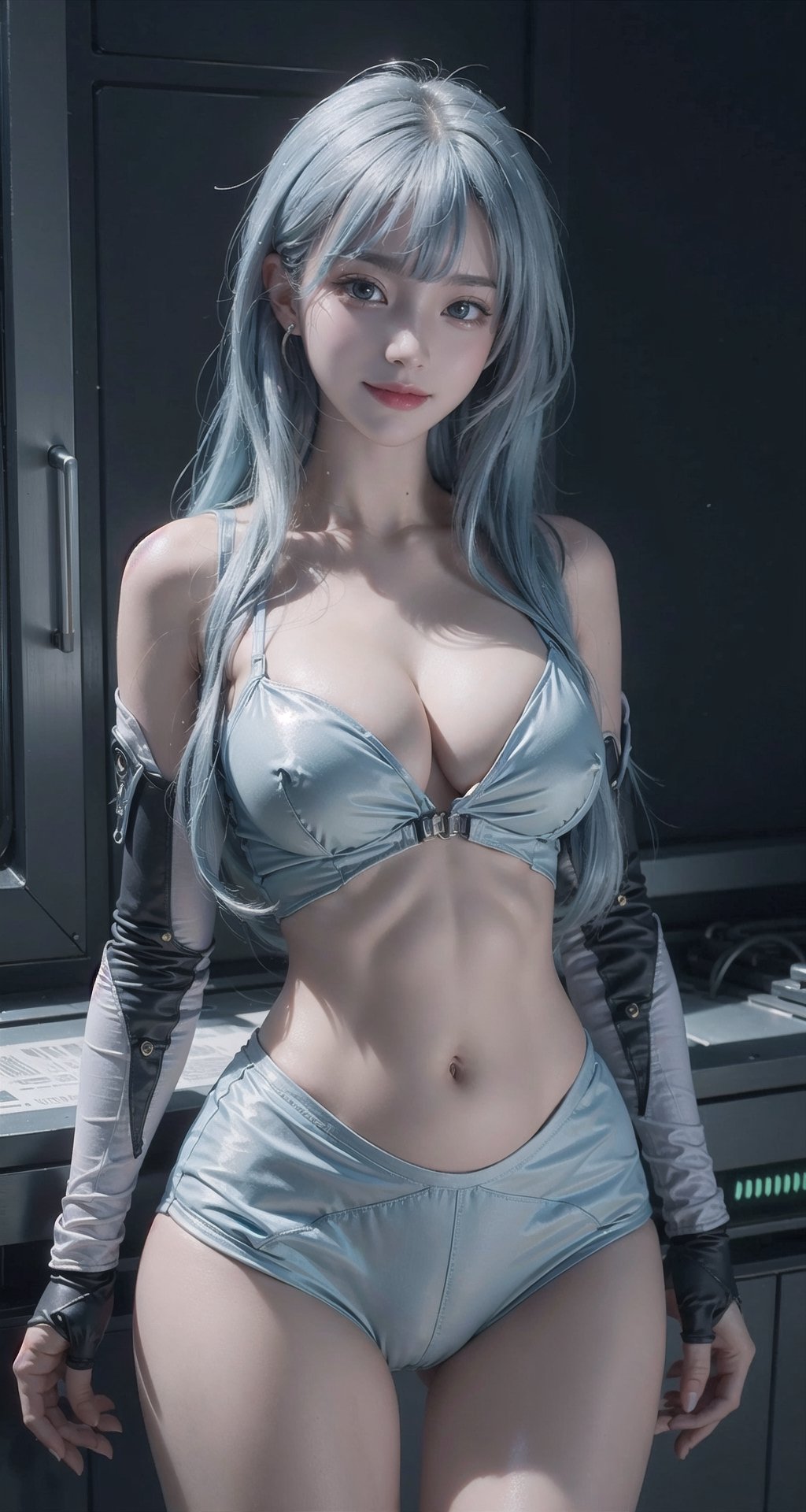 (masterpiece), science fiction, landscapes, 1 girl,(( long lightblue hair)), illuminated hair, bangs, light blue eyes, mechanical suit, tight suit, large breasts, firm breasts neckline to the navel, bare breasts, shoulders nudes,  ((bare hips)), no pants, smile, very attractive captivating pose, (collarbone, firm butt, marked butt), Korean, full_body