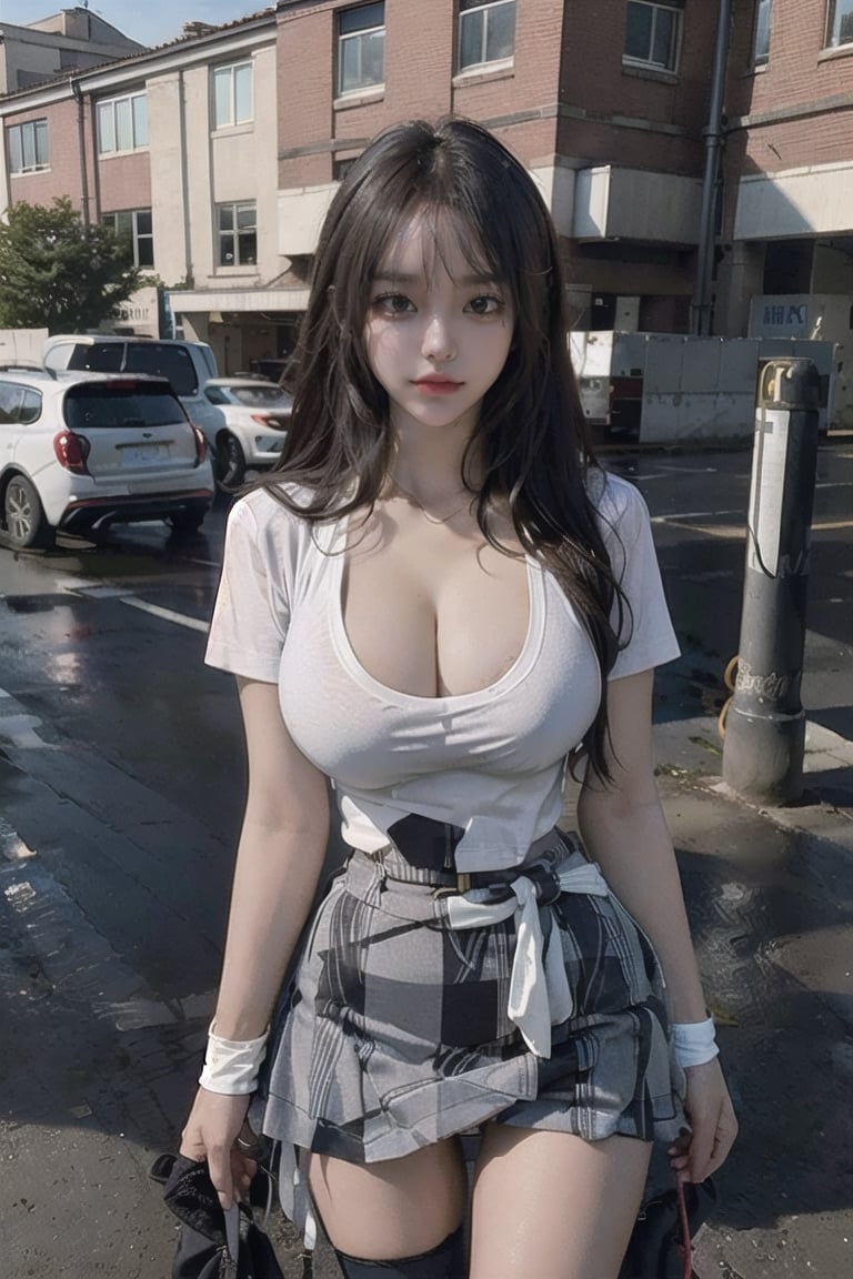 ((best quality, high_resolution, distinct_image)), 

8k, masterpiece, best quality, realistic, sharp focus, cinematic lighting, extremely detailed, epic, dawn, girl, natural dropping breast, big breast, white wave long hair, white shirt.red mini checkered skirt, (un-botton white school shirt), edgy, sexy,urban , chest open, deep-V chest, front angle shots, looking at viewer, techwear,outfit,3DMM,cameltoe,acjc,high_school_girl
,hourglass body shape