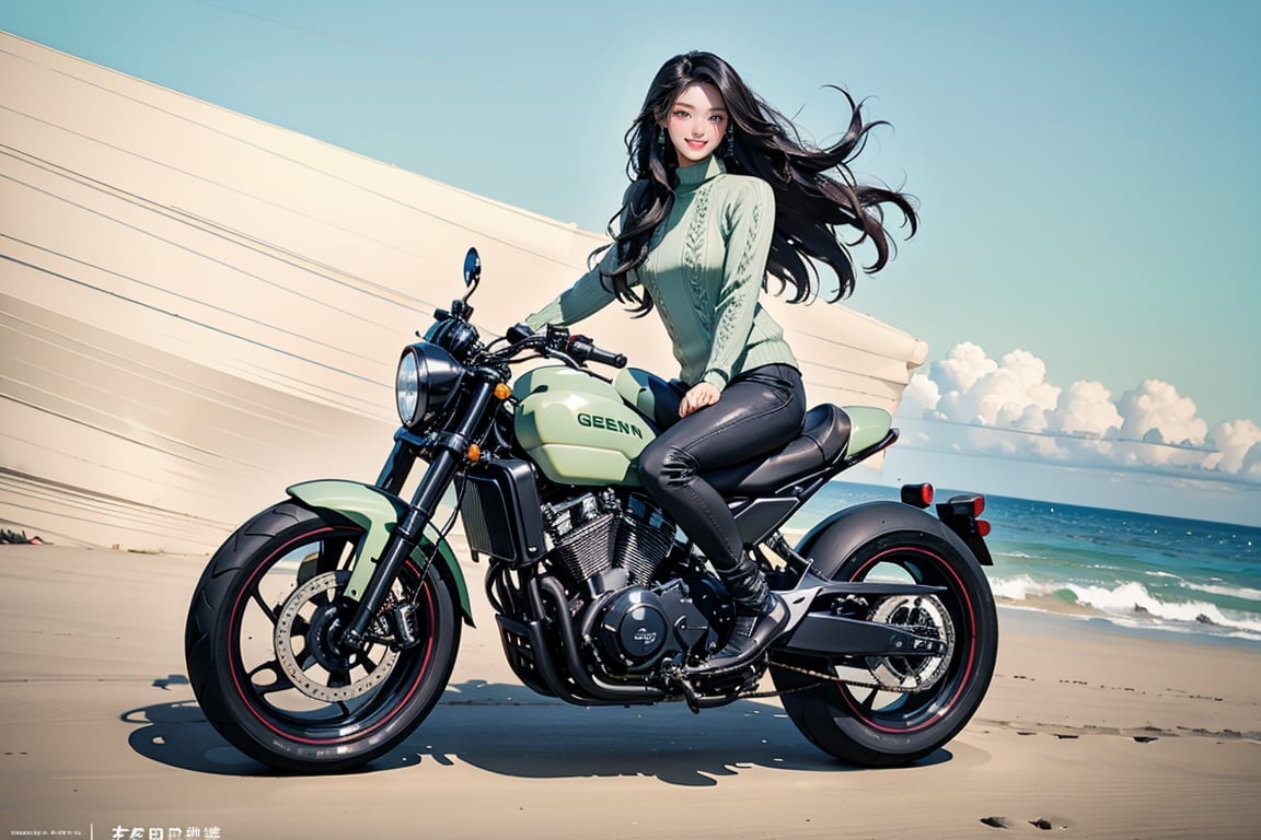 A girl riding a shiny heavy motorcycle, hair flowing in the air, speeding along the coastline, thigh up body, black hairstyle, earings, blush, outline, long hair, smile,  full body, virgin destroyer sweater, (green sweater:1.3),  seolhuyn, panoramic,