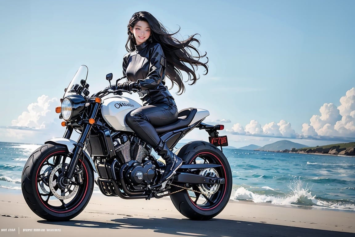 A girl riding a shiny heavy motorcycle, hair flowing in the air, speeding along the coastline, thigh up body, black hairstyle, earings, blush, outline, long hair, smile,  full body, virgin destroyer sweater,   seolhuyn, panoramic,