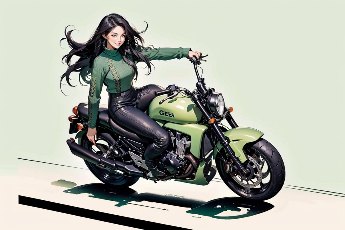 A girl riding a shiny heavy motorcycle, hair flowing in the air, speeding along the coastline, thigh up body, black hairstyle, earings, blush, outline, long hair, smile,  full body, virgin destroyer sweater, (green sweater:1.3),  seolhuyn, panoramic,