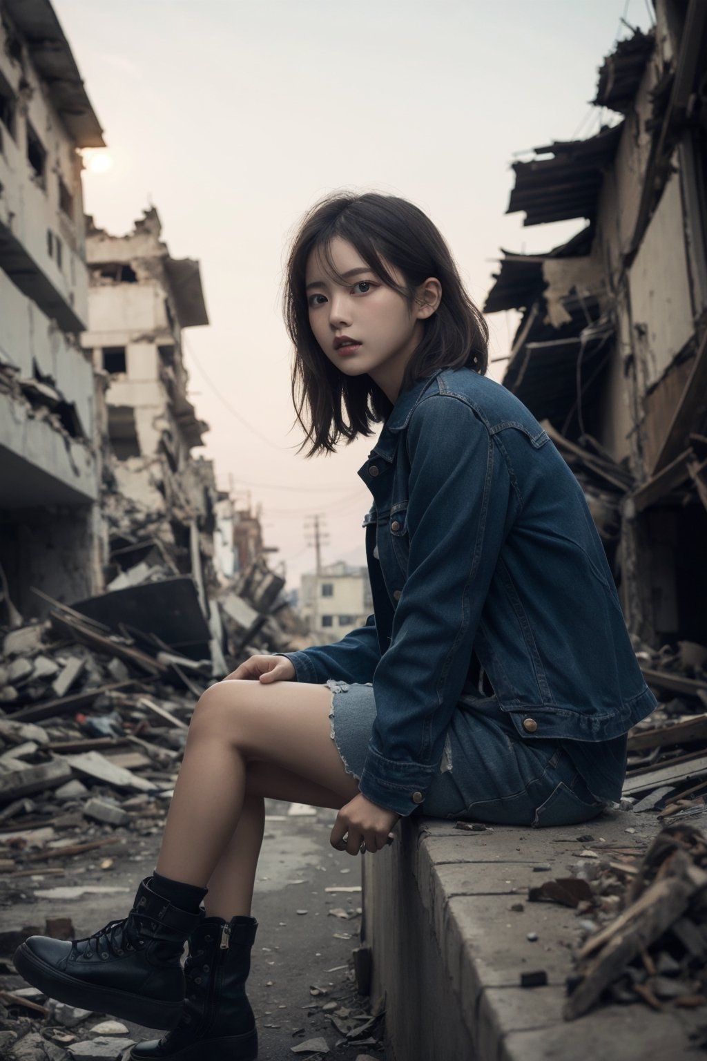 8K Cinema Reality, High resolution, high quality, A girl sitting in old, broken clothes in a ruined city where the big moon shines, Korean style, Full-body shot, small hands, small natural five finger, tied hair style, blue_eyes