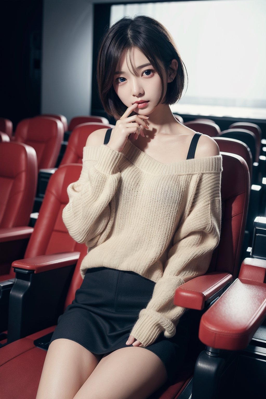 8K Cinema Reality, High resolution, high quality, A girl sitting in a movie theater chair, open shoulder Wearing a sweater, Skirt, hiheal, Korean style, Shy expression, Full-body shot, small natural finger, disheveled short hair style, blue_eyes