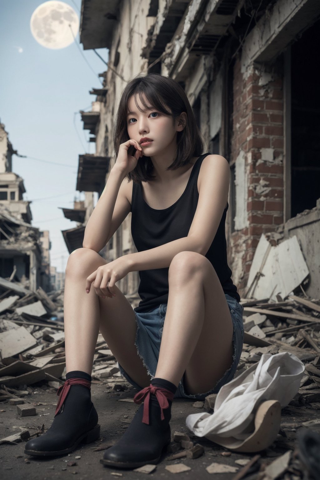 8K Cinema Reality, High resolution, high quality, A girl sitting in old, broken clothes in a ruined city where the big moon shines, Korean style, Full-body shot, small hands, small natural five finger, tied hair style, blue_eyes