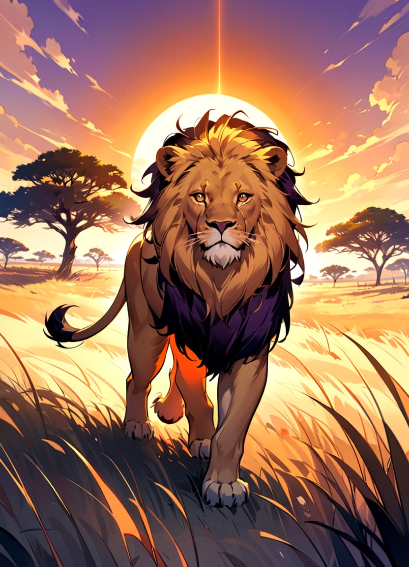 A majestic and regal lion,its golden mane flowing in the wind as it prowls through the tall grass of the savannah,In the distance,the setting sun paints the sky in shades of fiery orange and deep purple,casting a warm and welcoming glow across the African landscape
