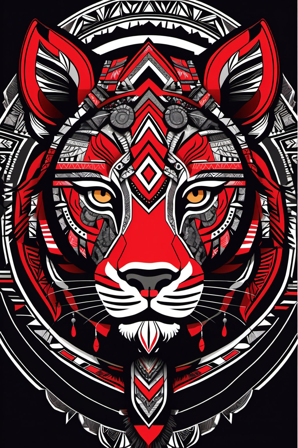 Tribal Spirit animals: tribal art, featuring a intricately detailed spirit animal Lioness, powerful, mysterious, high contrast, The design incorporates geometric patterns and bold linework to create a striking and powerful composition. Black background, 8k, ready to print illustration of hand drawn Lioness, simple vector, black white Red, few colors and many shades, clean and sharp lines