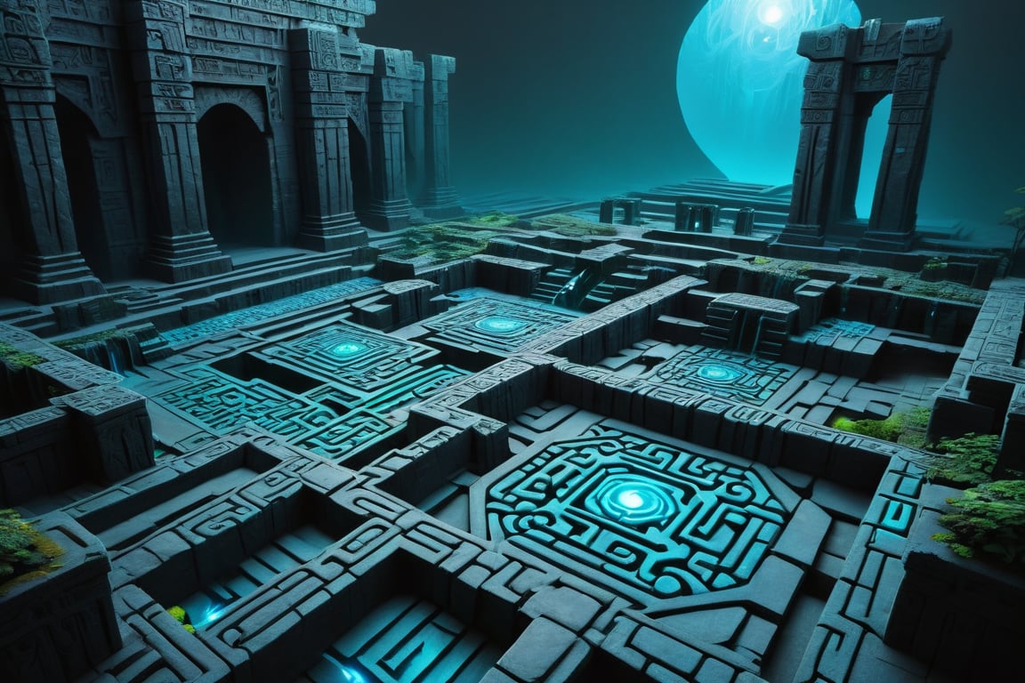 shadowrun_surface,niji style,arcane ruins,cyan hedge maze, ancient temple, smooth reflective black stone surfaces 