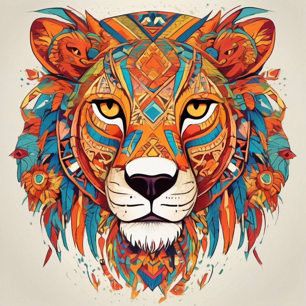 Tribal Spirit animals: A t-shirt design inspired by tribal art and folklore, vibrant colour ,featuring intricately detailed spirit animals such as lioness. The design incorporates geometric patterns and bold linework to create a striking and powerful composition. white background, 8k