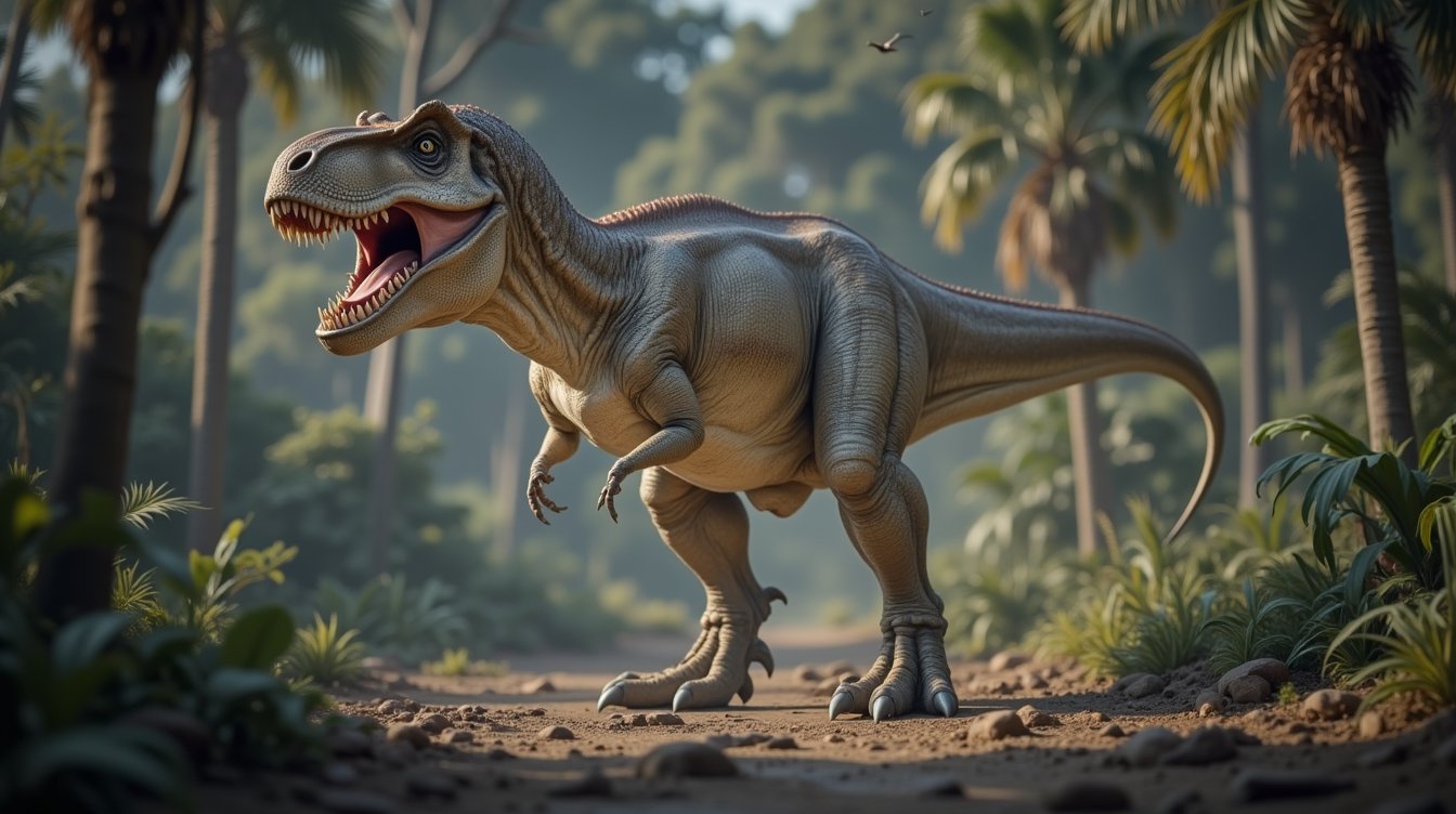 1 “A colossal Tyrannosaurus Rex dominates the prehistoric landscape,  its powerful jaws wide open,  revealing rows of razo...