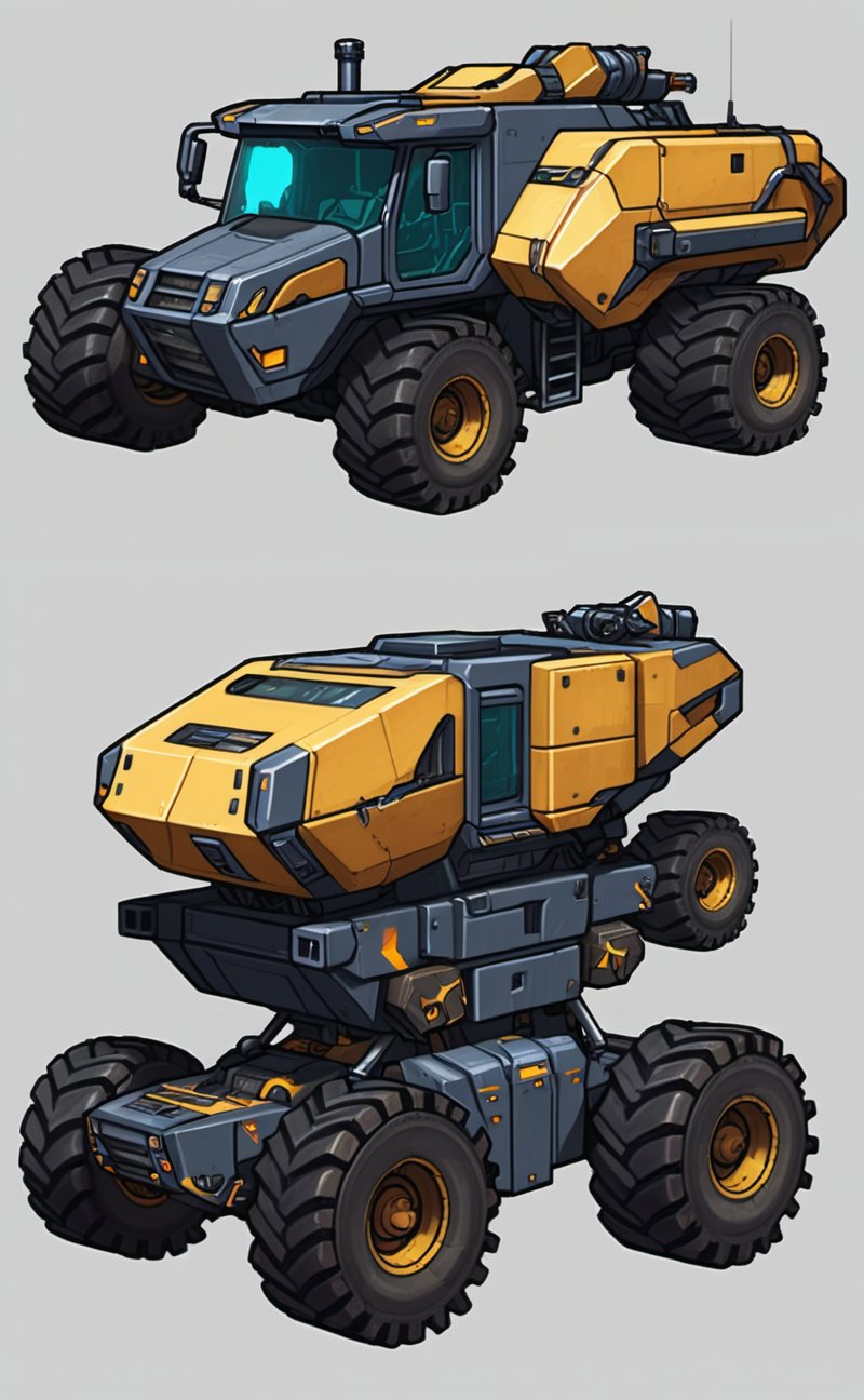 2D sprite of a resource harvesting vehicle, designed for an RTS game. The vehicle should have mechanical arms or drills, and a storage compartment. Create idle and moving animations, and consider a neutral color palette for flexibility