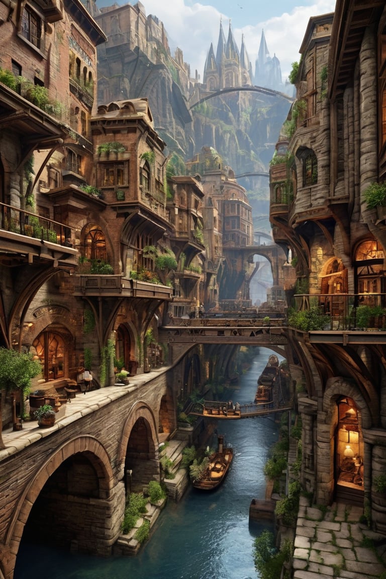 ((masterpiece)),((best quality)),((high detial)),((realistic,)) Industrial age city, deep canyons in the middle, architectural streets, bazaars, Bridges, rainy days, steampunk, European architecture 