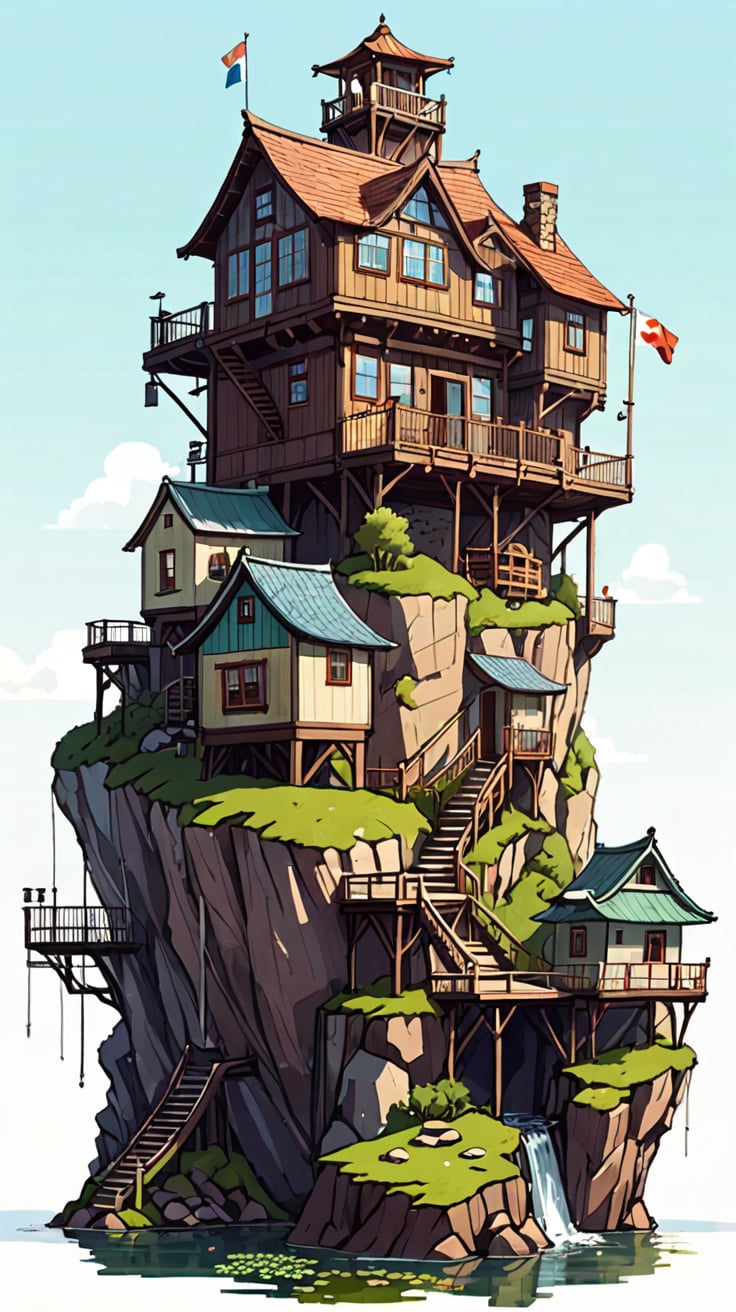 a tall house on top of a steep mountain near a pond with water,

illustrated city by michael jonas from japan | creative process photos ,

totally cool illustration of a cool town by josh wood on mydoodle4u ,

a cartoon illustration of a complex of houses built into a floating island flag, scenery, chimney

None of these messages are good.