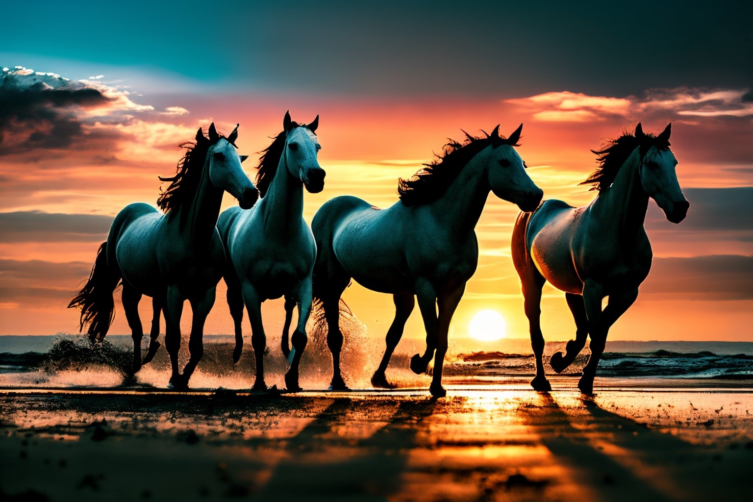 Three white horses walking out of the sea, solar punk aesthetic, sunset