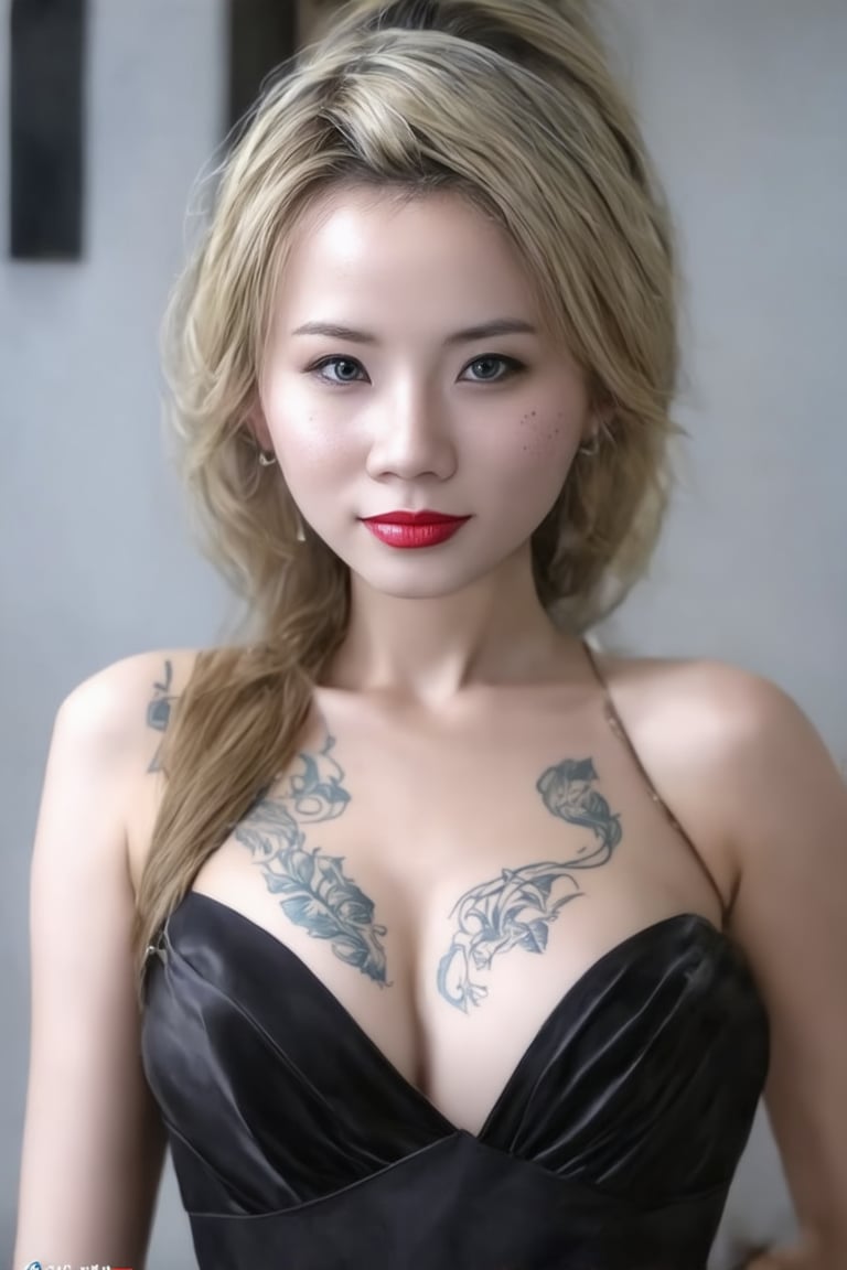 masterpiece portrait, Hyperrealistic, stunning beauty, high detail, cinematic photo Medium format photography, Anime girl digital artwork, A woman in her 20s, looking at the camera, she has freckles, blue eyes, she has Lush blonde hair, tattoos on neck, gigantic breasts, a suntanned body with visible tanlines, (mouth closed), (closed mouth), seductive black dress, (red lipstick), highly detailed, best quality, 8k uhd, Nikon 70d, ISO200, F/2.8, 1/25sec, 70mm . 35mm photograph, film, bokeh, professional, 4k, highly detailed,Realistic Enhance