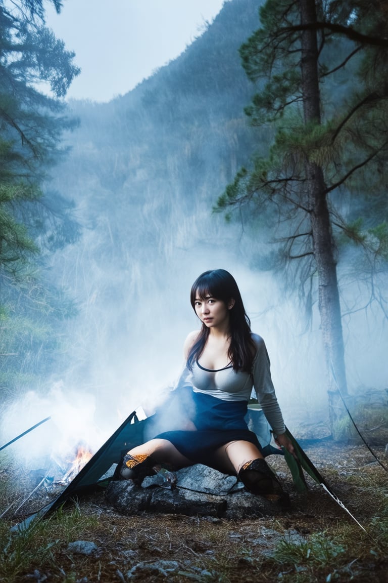 A young Japanese woman is camping in a deep mountain forest with thick fog,campfire,masterpiece,best quality,ultra detailed face,ultra detailed,4k,((blue eyes,blueeyes,blue_eyes)),skinny,(wide shot),ghost_girl,ghost,night,spooky,midnight,cleavage,dirty shirts,(boobs),tent,campfire