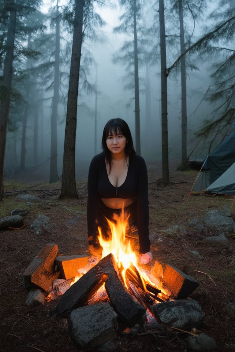 A young Japanese woman is camping in a deep mountain forest with thick fog,campfire,masterpiece,best quality,ultra detailed face,ultra detailed,4k,((blue eyes,blueeyes,blue_eyes)),skinny,(wide shot),ghost_girl,ghost,night,spooky,midnight,cleavage,dirty shirts,(boobs),tent,campfire