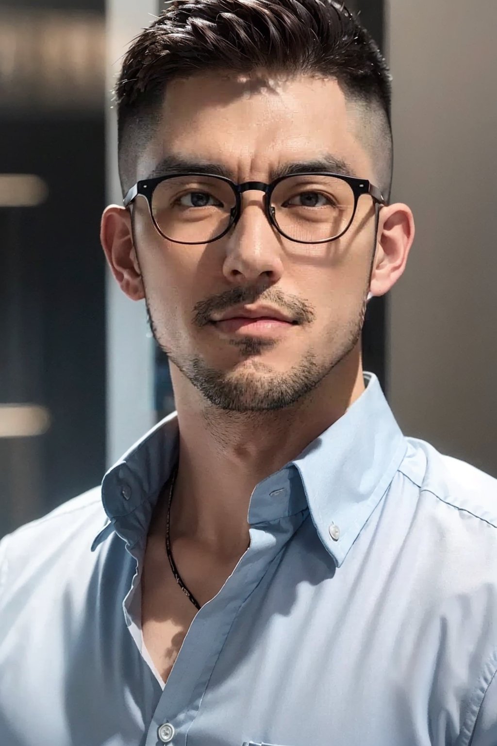 Asian man, handsome , glasses ,stubble  , muscle, photorealistic,