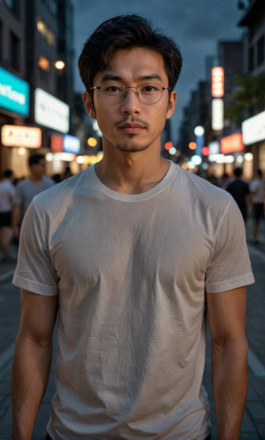 (Best quality, 8k, 32k, Masterpiece, UHD),lifelike rendering,solo, looking at viewer, shirt, black hair, 1boy, male focus, outdoors, facial hair, realistic , cityscape,  ,strict face features, High-quality detailing, 4K resolution captures,  night deep darkness surrounding him,Asian man ,glasses , stubble