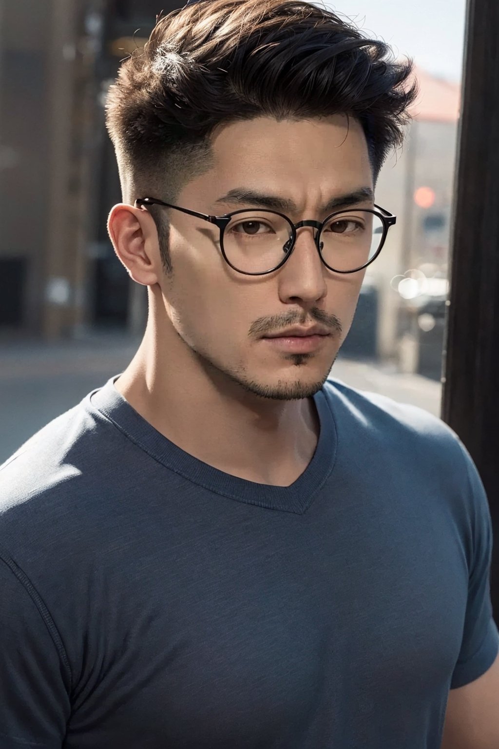 Asian man, handsome , glasses ,stubble  , muscle, photorealistic,