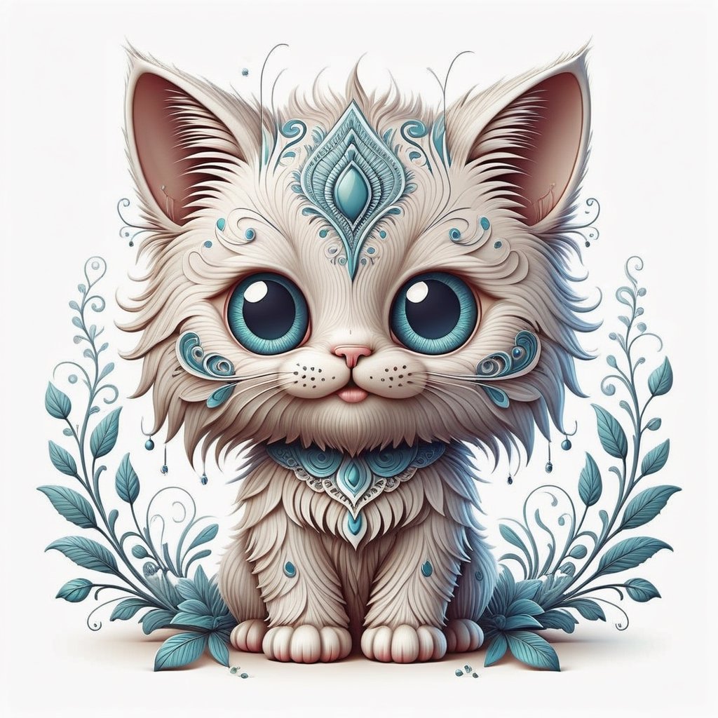 Intricate vector illustration design of a cute Cat for t-shirt, 3-6-9 pattern. small eyes, Elegant, sophisticated, intricate line work, ornate details, muted color scheme, subtle gradients. Art and mathematics fusion, hyper detailed, trending at artstation, sharp focus, studio photography, intricate detail, highly detailed, centered, perfect symmetrical, bright color, solid white background, made with adobe illustrator, in the style of Studio Gibli, 3d style